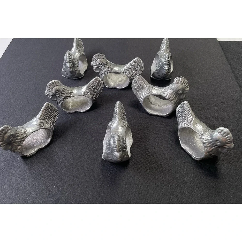 Vintage 1970s Set of 8 Pewter Chicken Rooster Napkin Rings French Country Rustic